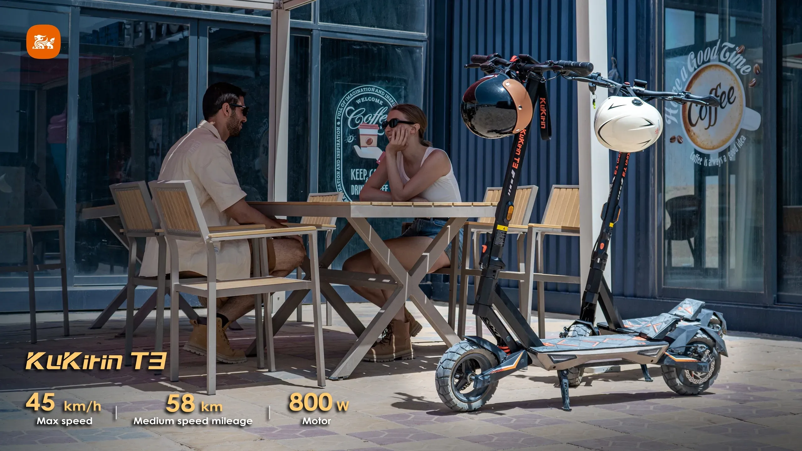 KUKIRIN T3 electric scooter parked beside a couple enjoying coffee at an outdoor cafe.
